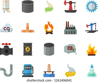 Color flat icon set pipes flat vector, boiler, gas, bonfire, oil production platform, pumping, main pipeline, refueling, tanks, plant, carbon dioxide, pipe, stomach, burner