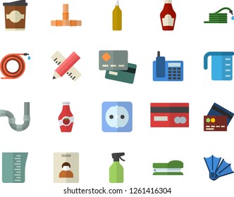 Color flat icon set pipes flat vector, sockets, measure, meashuring cup, ketchup, coffe, mustard, pulverizer, hose, credit card, telephone, stapler, indentity fector, flippers