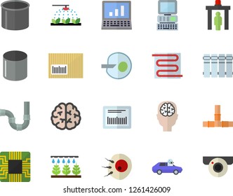 Color flat icon set pipes flat vector, warm floor, heating batteries, sprinkling machine, autopilot, pipe production, motherboard, barcode, artificial insemination, computer, brain, fector