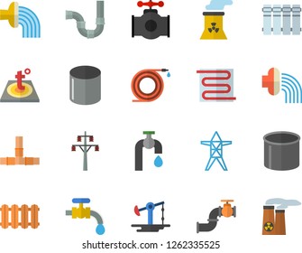 Color flat icon set pipes flat vector, warm floor, heating batteries, hose, irrigation, water tap, oil pumping, main pipeline, power line support, pipe production, nuclear plant