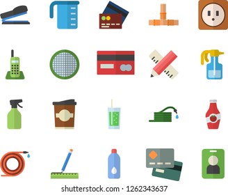 Color flat icon set pipes flat vector, sockets, measure, meashuring cup, sieve, soda, coffe, ketchup, pulverizer, hose, credit card, telephone, stapler, water, fector, pass