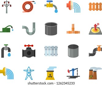 Color flat icon set pipes flat vector, warm floor, heating batteries, hose, irrigation, water tap, oil pumping, main pipeline, power line support, pipe production, nuclear plant