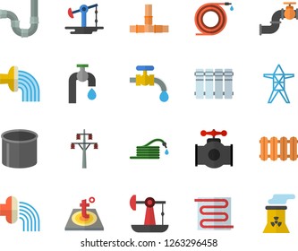 Color flat icon set pipes flat vector, warm floor, heating batteries, hose, irrigation, water tap, oil pumping, main pipeline, power line support, pipe production, nuclear plant