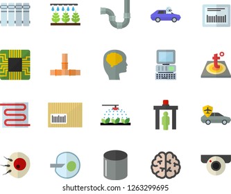 Color flat icon set pipes flat vector, warm floor, heating batteries, sprinkling machine, autopilot, pipe production, motherboard, barcode, artificial insemination, computer, brain, fector