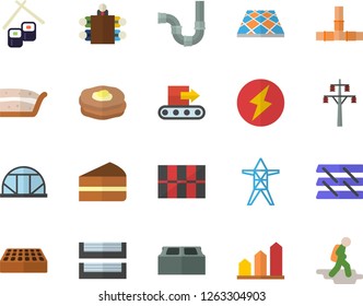 Color flat icon set pipes flat vector, tile, brick, flooring, piece of cake, fish rolls, pancakes, greenhouse, power line support, conveyor, meeting, paper tray, lightning, achievement chart