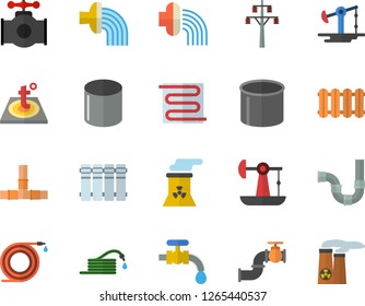 Color flat icon set pipes flat vector, warm floor, heating batteries, hose, irrigation, water tap, oil pumping, main pipeline, power line support, pipe production, nuclear plant
