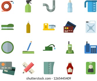 Color flat icon set pipes flat vector, measure, meashuring cup, food processor, sieve, ketchup, mustard, pulverizer, hose, canister, credit card, telephone, stapler, water, fector, pass