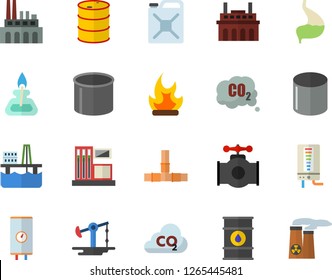 Color flat icon set pipes flat vector, boiler, bonfire, oil production platform, pumping, main pipeline, gas station, tanks, plant, canister, carbon dioxide, pipe, stomach, burner, nuclear power