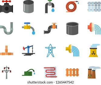 Color flat icon set pipes flat vector, warm floor, heating batteries, hose, irrigation, water tap, oil pumping, main pipeline, power line support, pipe production, nuclear plant