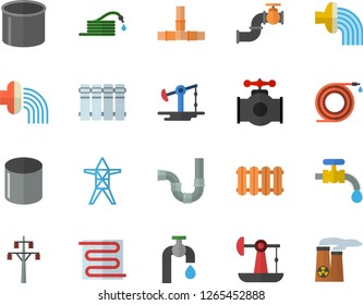 Color flat icon set pipes flat vector, warm floor, heating batteries, hose, irrigation, water tap, oil pumping, main pipeline, power line support, pipe production, nuclear plant