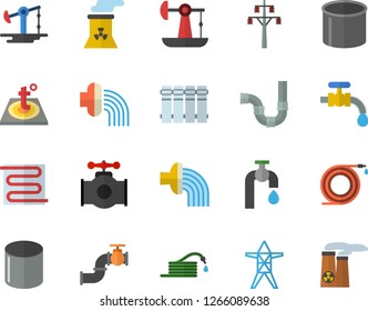 Color flat icon set pipes flat vector, warm floor, heating batteries, hose, irrigation, water tap, oil pumping, main pipeline, power line support, pipe production, nuclear plant