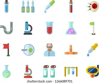 Color flat icon set pipes flat vector, pipette, blood test, ampoule, artificial insemination, flask, microscope, scientist, beakers, sports flag, swimming mask fector