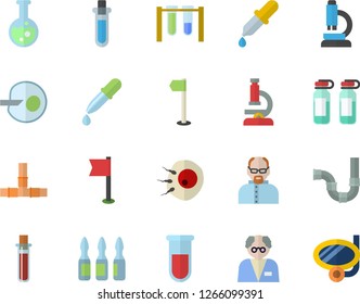 Color flat icon set pipes flat vector, pipette, blood test, ampoule, artificial insemination, flask, microscope, scientist, beakers, sports flag, swimming mask fector