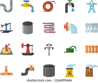 Color flat icon set pipes flat vector, warm floor, heating batteries, hose, irrigation, water tap, oil pumping, main pipeline, power line support, pipe production, nuclear plant