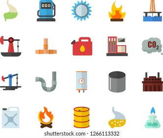 Color flat icon set pipes flat vector, boiler, gas, bonfire, oil production platform, pumping, station, refueling, tanks, plant, canister, carbon dioxide, pipe, stomach, burner