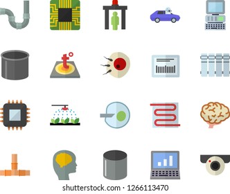 Color flat icon set pipes flat vector, warm floor, heating batteries, sprinkling machine, autopilot, pipe production, motherboard, barcode, artificial insemination, computer, brain, fector
