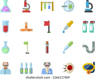 Color flat icon set pipes flat vector, pipette, blood test, ampoule, artificial insemination, flask, microscope, scientist, beakers, sports flag, swimming mask fector