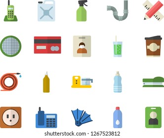 Color flat icon set pipes flat vector, sockets, measure, food processor, sieve, soda, coffe, mustard, pulverizer, hose, canister, credit card, telephone, stapler, water, indentity fector, flippers