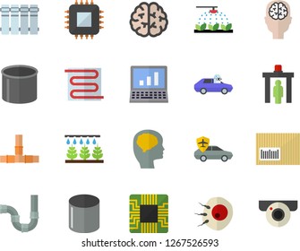 Color flat icon set pipes flat vector, warm floor, heating batteries, sprinkling machine, autopilot, pipe production, motherboard, barcode, artificial insemination, computer, brain, fector