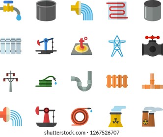 Color flat icon set pipes flat vector, warm floor, heating batteries, hose, irrigation, water tap, oil pumping, main pipeline, power line support, pipe production, nuclear plant