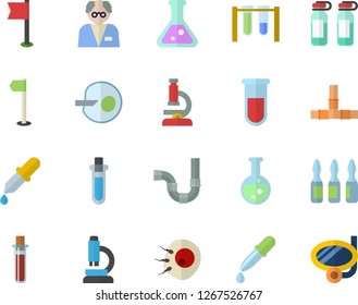 Color flat icon set pipes flat vector, pipette, blood test, ampoule, artificial insemination, flask, microscope, scientist, beakers, sports flag, swimming mask fector