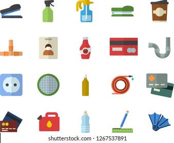 Color flat icon set pipes flat vector, sockets, measure, sieve, coffe, mustard, ketchup, pulverizer, hose, canister, credit card, stapler, water, indentity fector, flippers