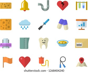 Color flat icon set pipes flat vector, meashuring cup, kitchen spatula, cheese, soup, rain, flag, barcode, pills, medical warmer, heart, tooth, chart, printer, beakers, skipping rope, bell, location