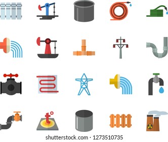 Color flat icon set pipes flat vector, warm floor, heating batteries, hose, irrigation, water tap, oil pumping, main pipeline, power line support, pipe production, nuclear plant