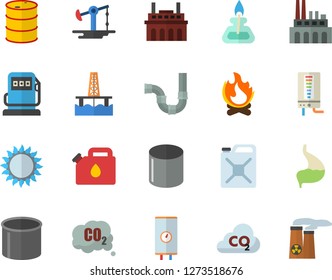Color flat icon set pipes flat vector, boiler, gas, bonfire, oil production platform, pumping, refueling, tanks, plant, canister, carbon dioxide, pipe, stomach, burner, nuclear power