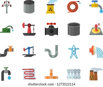 Color flat icon set pipes flat vector, warm floor, heating batteries, hose, irrigation, water tap, oil pumping, main pipeline, power line support, pipe production, nuclear plant