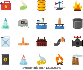 Color flat icon set pipes flat vector, bonfire, oil production platform, pumping, main pipeline, tanks, plant, canister, carbon dioxide, pipe, stomach, gas burner, nuclear power