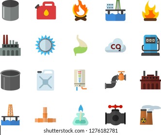 Color flat icon set pipes flat vector, boiler, gas, bonfire, oil production platform, main pipeline, refueling, plant, canister, carbon dioxide, pipe, stomach, burner, nuclear power