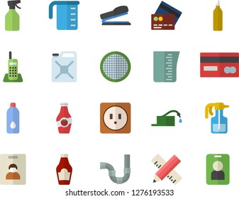 Color flat icon set pipes flat vector, sockets, measure, meashuring cup, sieve, ketchup, mustard, pulverizer, hose, canister, credit card, telephone, stapler, water, indentity fector, pass