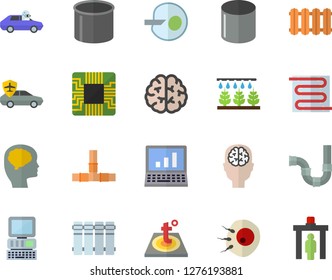 Color flat icon set pipes flat vector, warm floor, heating batteries, sprinkling machine, autopilot, pipe production, motherboard, artificial insemination, computer, brain, fector, control gate