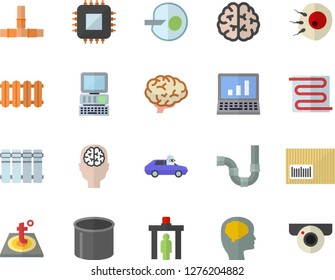 Color flat icon set pipes flat vector, warm floor, heating batteries, autopilot, pipe production, motherboard, barcode, artificial insemination, computer, brain, fector, control gate