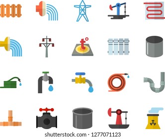 Color flat icon set pipes flat vector, warm floor, heating batteries, hose, irrigation, water tap, oil pumping, main pipeline, power line support, pipe production, nuclear plant