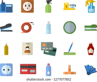 Color flat icon set pipes flat vector, sockets, measure, food processor, sieve, ketchup, mustard, pulverizer, hose, credit card, telephone, stapler, water, indentity fector, flippers