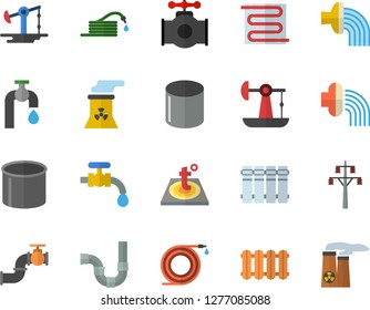 Color flat icon set pipes flat vector, warm floor, heating batteries, hose, irrigation, water tap, oil pumping, main pipeline, power line support, pipe production, nuclear plant