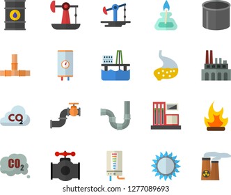 Color flat icon set pipes flat vector, boiler, gas, bonfire, oil production platform, pumping, main pipeline, station, tanks, plant, carbon dioxide, pipe, stomach, burner, nuclear power