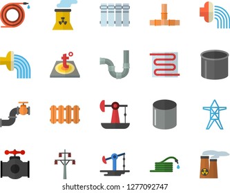 Color flat icon set pipes flat vector, warm floor, heating batteries, hose, irrigation, oil pumping, main pipeline, power line support, pipe production, nuclear plant