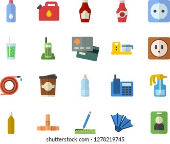 Color flat icon set pipes flat vector, sockets, measure, food processor, ketchup, soda, coffe, mustard, pulverizer, hose, canister, credit card, telephone, water, flippers fector, pass