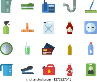 Color flat icon set pipes flat vector, sockets, measure, meashuring cup, sieve, ketchup, soda, mustard, pulverizer, canister, telephone, stapler, water, credit card fector, pass