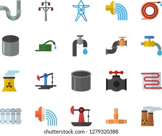 Color flat icon set pipes flat vector, warm floor, heating batteries, hose, irrigation, water tap, oil pumping, main pipeline, power line support, pipe production, nuclear plant