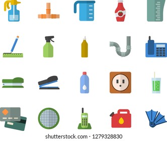 Color flat icon set pipes flat vector, sockets, measure, meashuring cup, sieve, soda, mustard, ketchup, pulverizer, canister, credit card, telephone, stapler, water, flippers fector