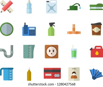 Color flat icon set pipes flat vector, sockets, measure, meashuring cup, sieve, soda, coffe, mustard, pulverizer, hose, canister, credit card, telephone, stapler, water, indentity fector, flippers