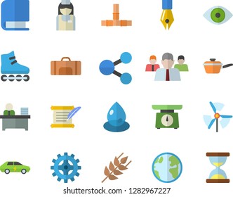 Color flat icon set pipes flat vector, saute, weighing machine, ear, earth, cogwheel, drop, electric cars, molecules, team, eye, nurse, ink pen, office worker, book, hostory roll, windmill