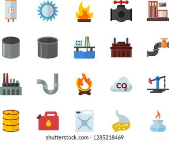 Color flat icon set pipes flat vector, boiler, gas, bonfire, oil production platform, pumping, main pipeline, station, tanks, plant, canister, carbon dioxide, pipe, stomach, burner