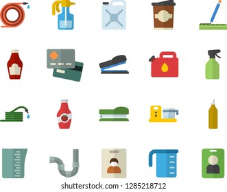 Color flat icon set pipes flat vector, measure, meashuring cup, food processor, ketchup, coffe, mustard, pulverizer, hose, canister, credit card, stapler, indentity fector, pass