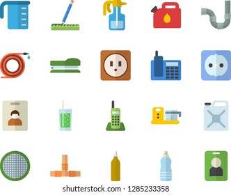 Color flat icon set pipes flat vector, sockets, measure, meashuring cup, food processor, sieve, soda, mustard, pulverizer, hose, canister, telephone, stapler, water, indentity card fector, pass