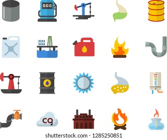 Color flat icon set pipes flat vector, boiler, gas, bonfire, oil production platform, pumping, main pipeline, refueling, tanks, plant, canister, carbon dioxide, pipe, stomach, burner